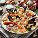 Морепродукты в сливочном соусе с луком и чесноком