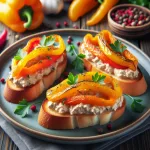 Брускетты с куриным паштетом и запеченным перцем
