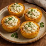 Картофельные тарталетки с курицей под чесночно-сырным соусом