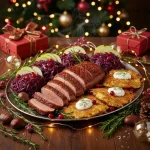 Утиная грудка с капустой и картофельными оладьями