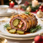 Рулет из говядины с огурцами и беконом