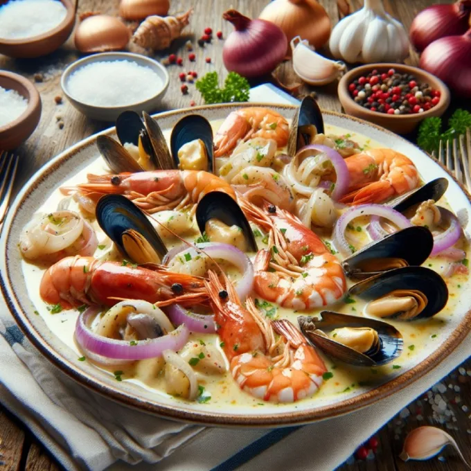 Морепродукты в сливочном соусе с луком и чесноком