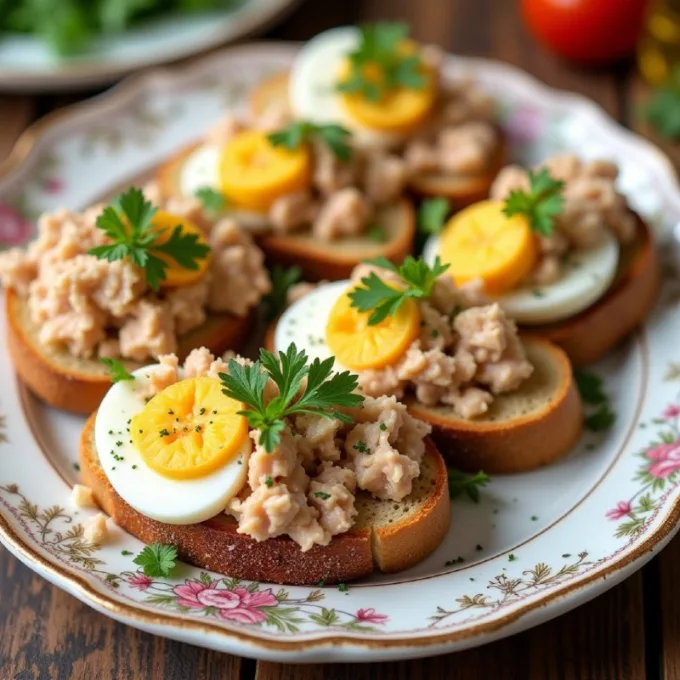 Брускетта с тунцом и яйцом