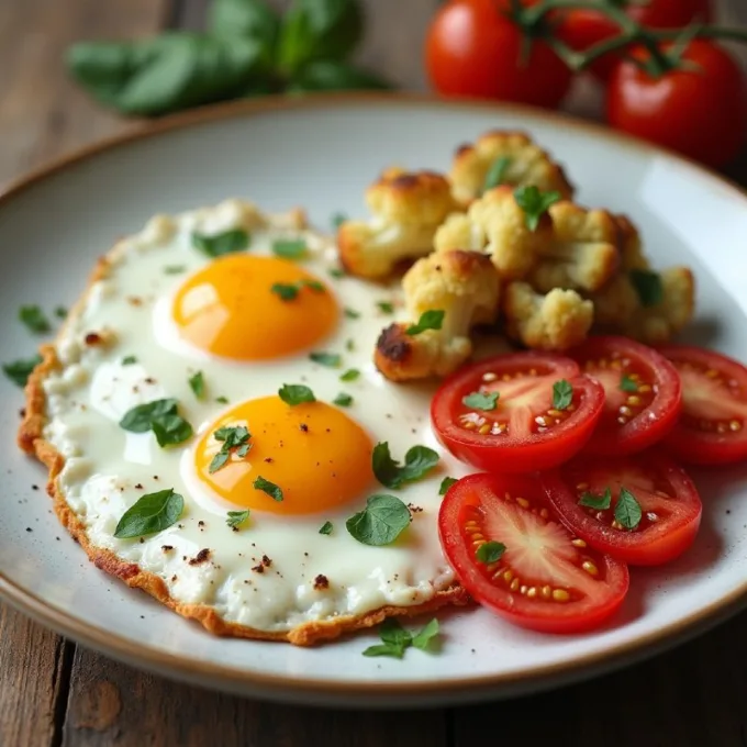 Яичница с цветной капустой и помидорами