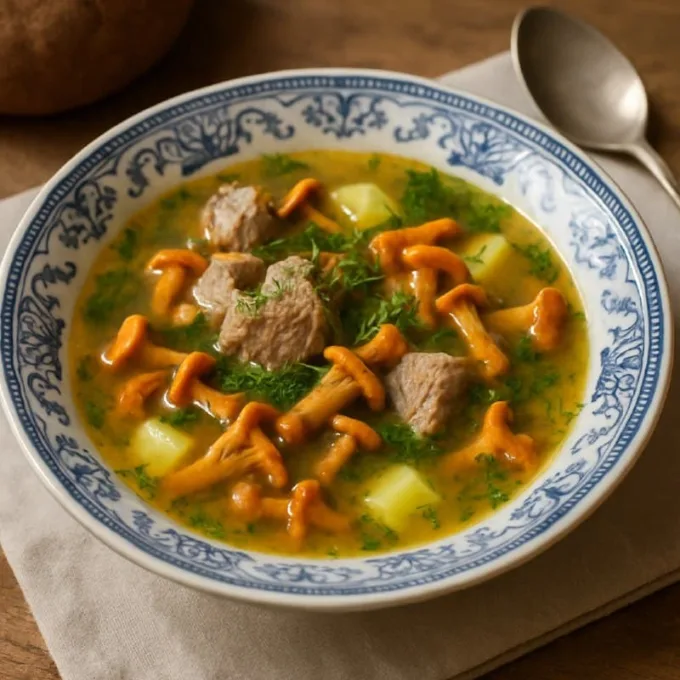 Суп с лисичками и мясом