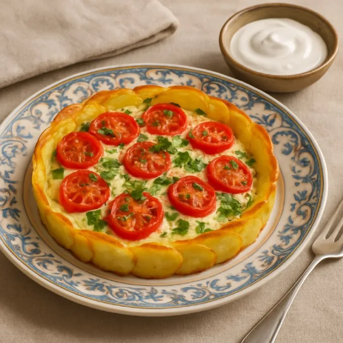 Картофельный тарт с помидорами, сыром и зеленью