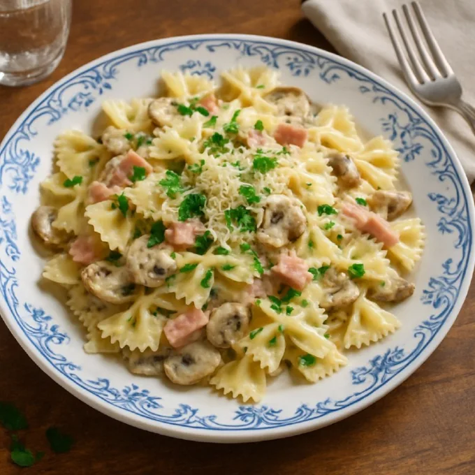 Макароны с ветчиной и грибами