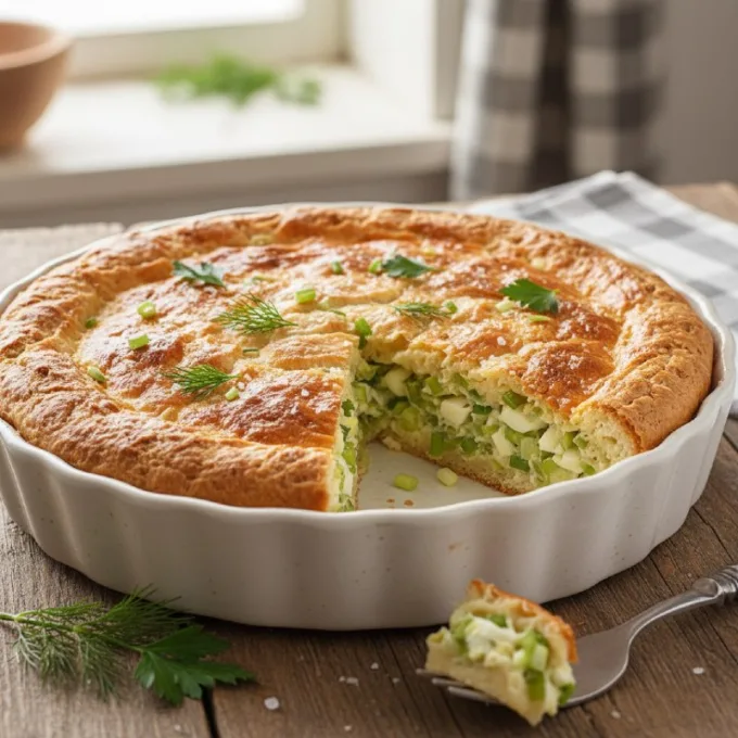 Заливной пирог с зелёным луком и яйцом