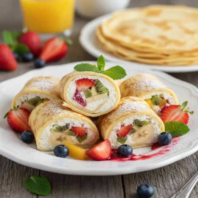 Блинные роллы с начинкой из творога и фруктов