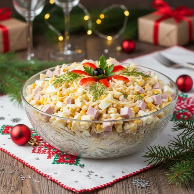 Новогодний салат с ветчиной и кукурузой