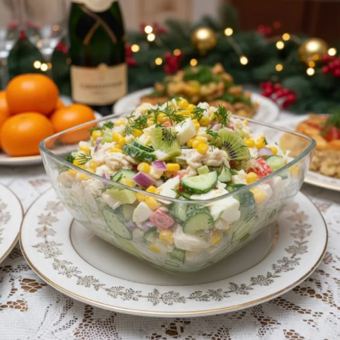 Крабовый салат с киви и кукурузой