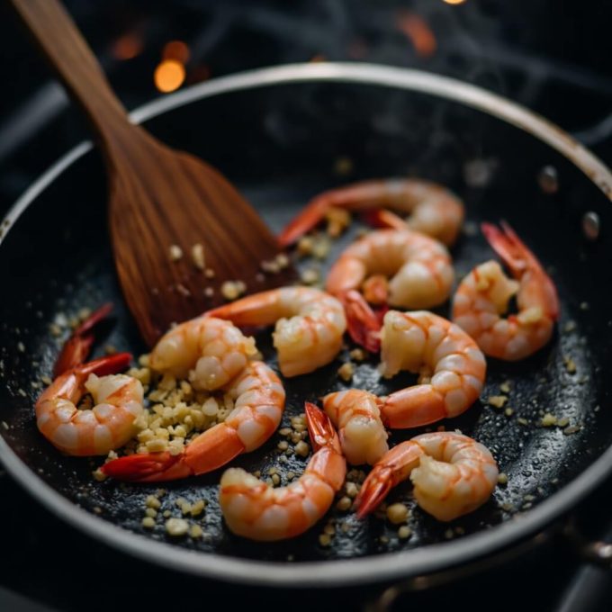 Обжарьте креветки: