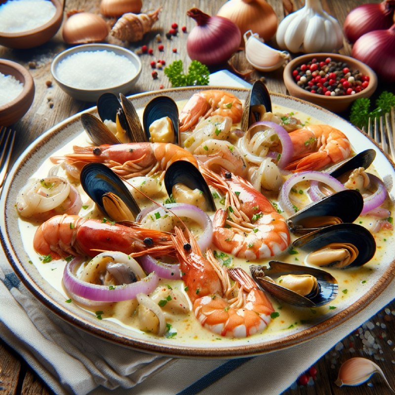 Морепродукты в сливочном соусе с луком и чесноком