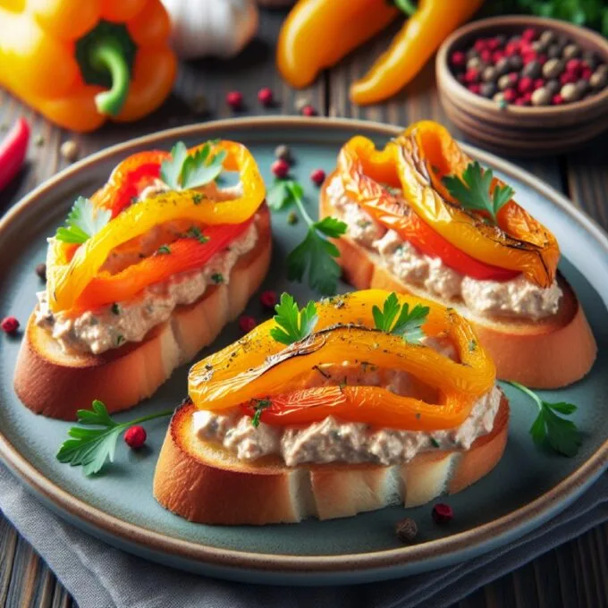 Брускетты с куриным паштетом и запеченным перцем