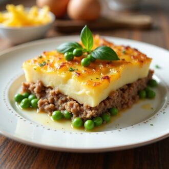 Картофельная запеканка с зелёным горошком и фаршем