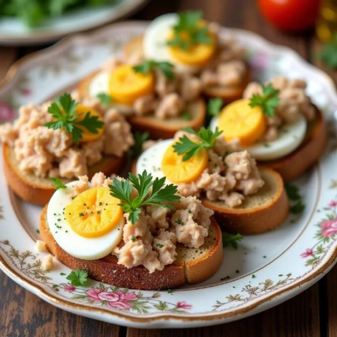 Брускетта с тунцом и яйцом