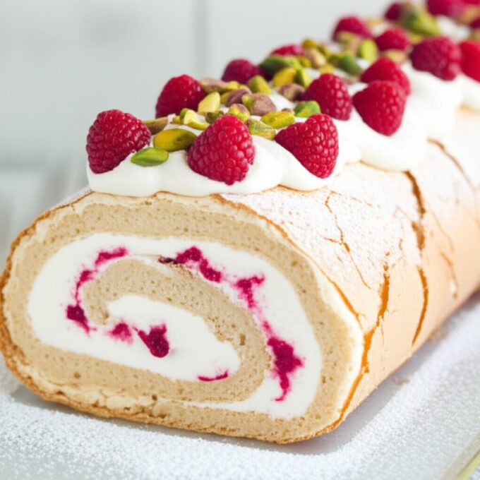 Меренговый рулет с малиной и фисташками