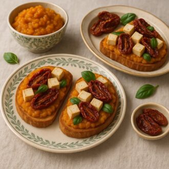 Брускетты с кабачковой икрой, тофу и вялеными томатами