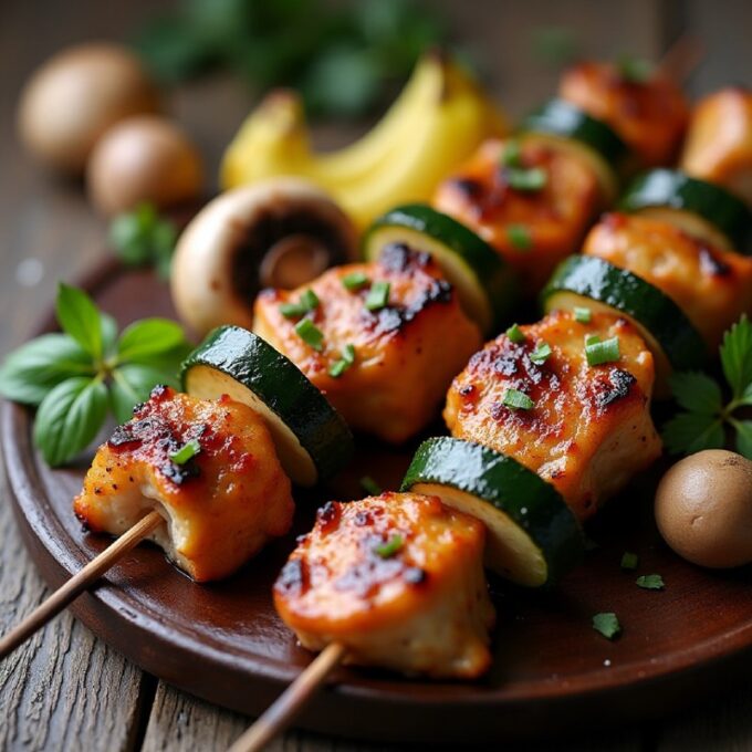 Шашлычки с куриной печенью, шампиньонами и кабачками