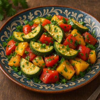 Тёплый салат с кабачками и перцем