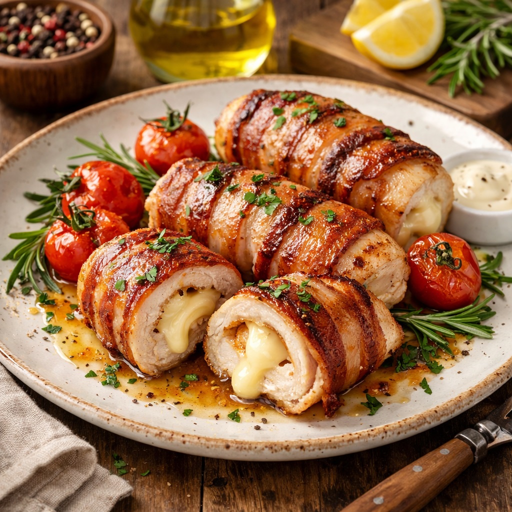 Рецепт куриных рулетиков в беконе с сыром