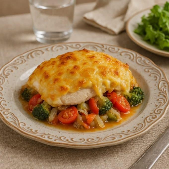 Куриное филе с овощами под сырной шапкой