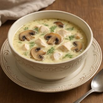 Грибной суп с курицей и плавленым сыром