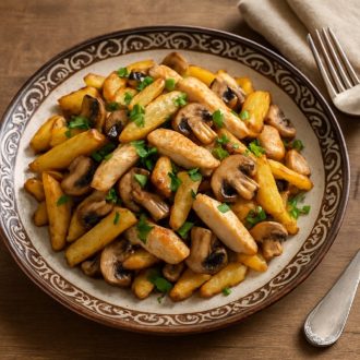 Жареная картошка с курицей и грибами