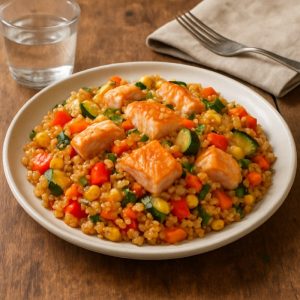 Булгур с лососем и овощами