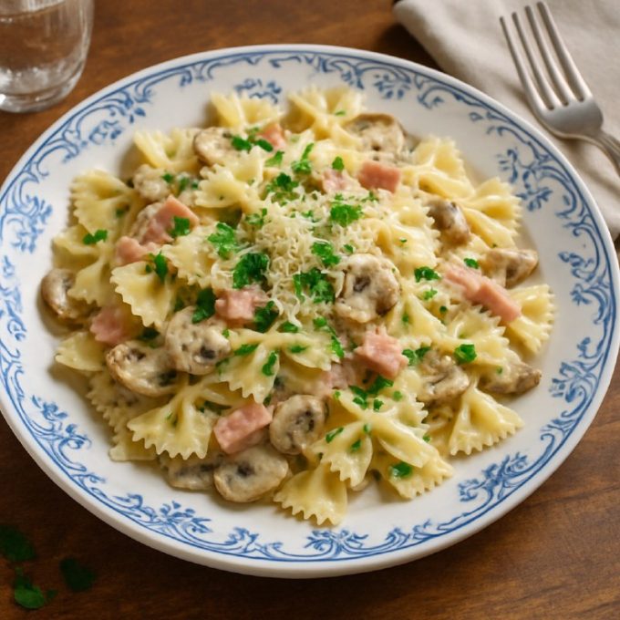Макароны с ветчиной и грибами