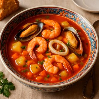 Суп с кальмарами и морепродуктами