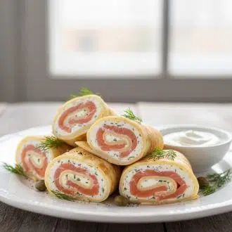Блинные рулетики с творожным сыром и семгой