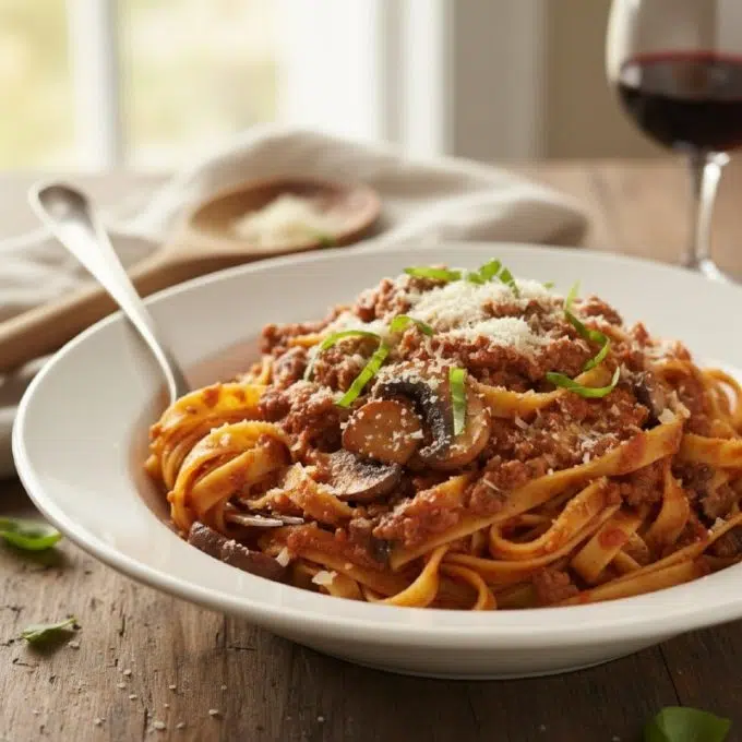 Фетучини с мясным соусом и грибами