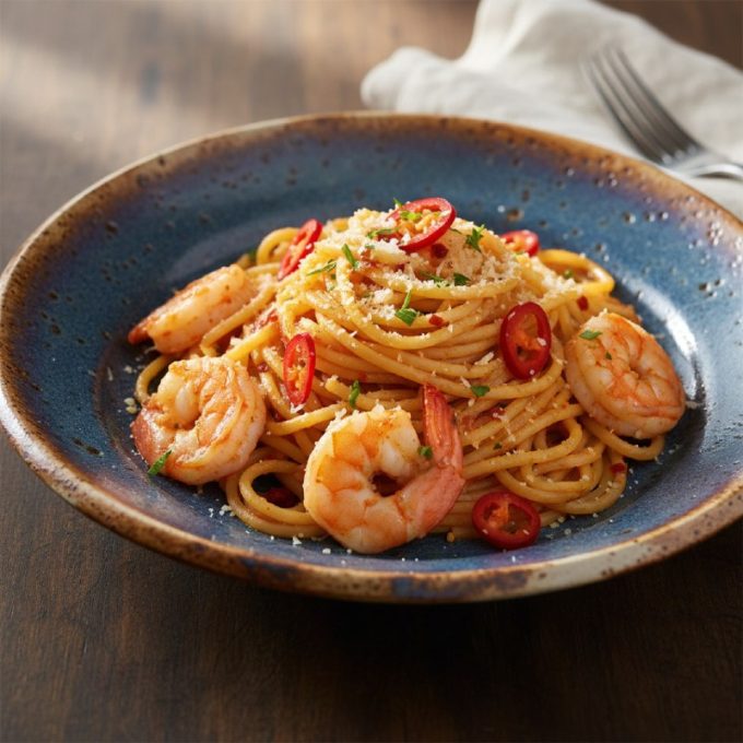 Острая паста с креветками и чили