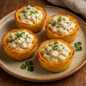 Картофельные тарталетки с курицей под чесночно-сырным соусом