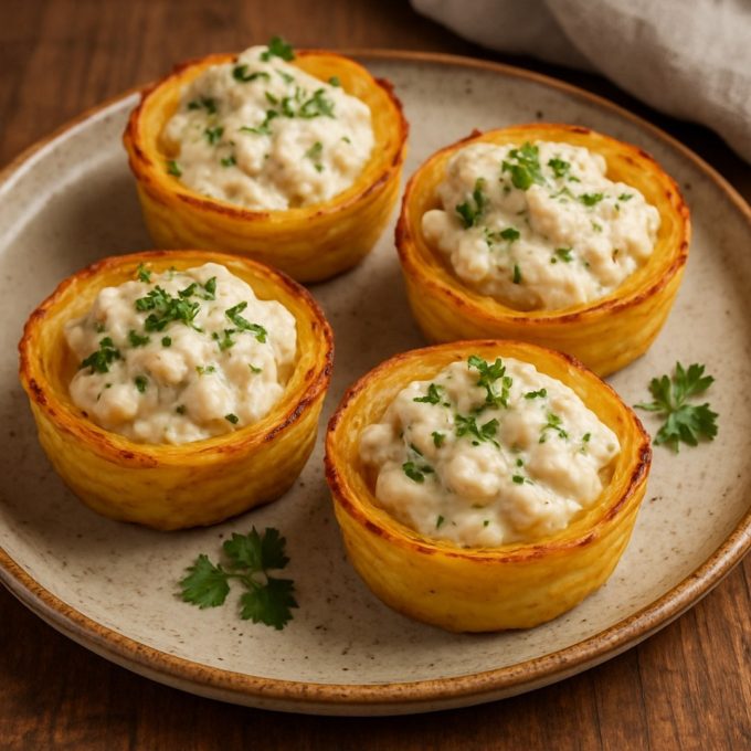 Картофельные тарталетки с курицей под чесночно-сырным соусом
