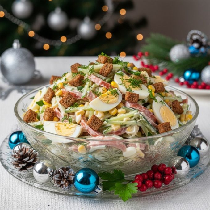 Салат с копченой колбасой и огурцом