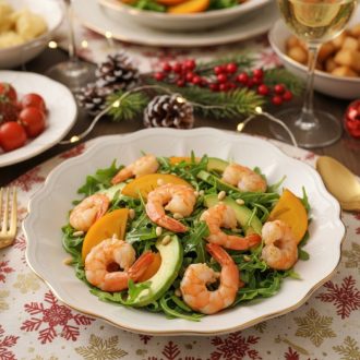 Салат с креветками, хурмой и авокадо