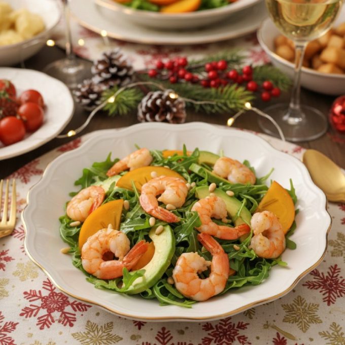 Салат с креветками, хурмой и авокадо