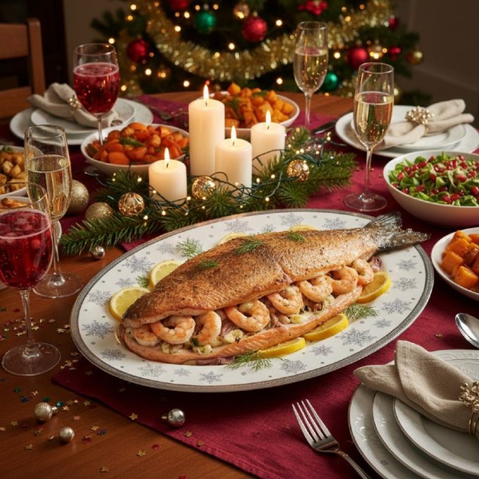 Лосось, фаршированный креветками