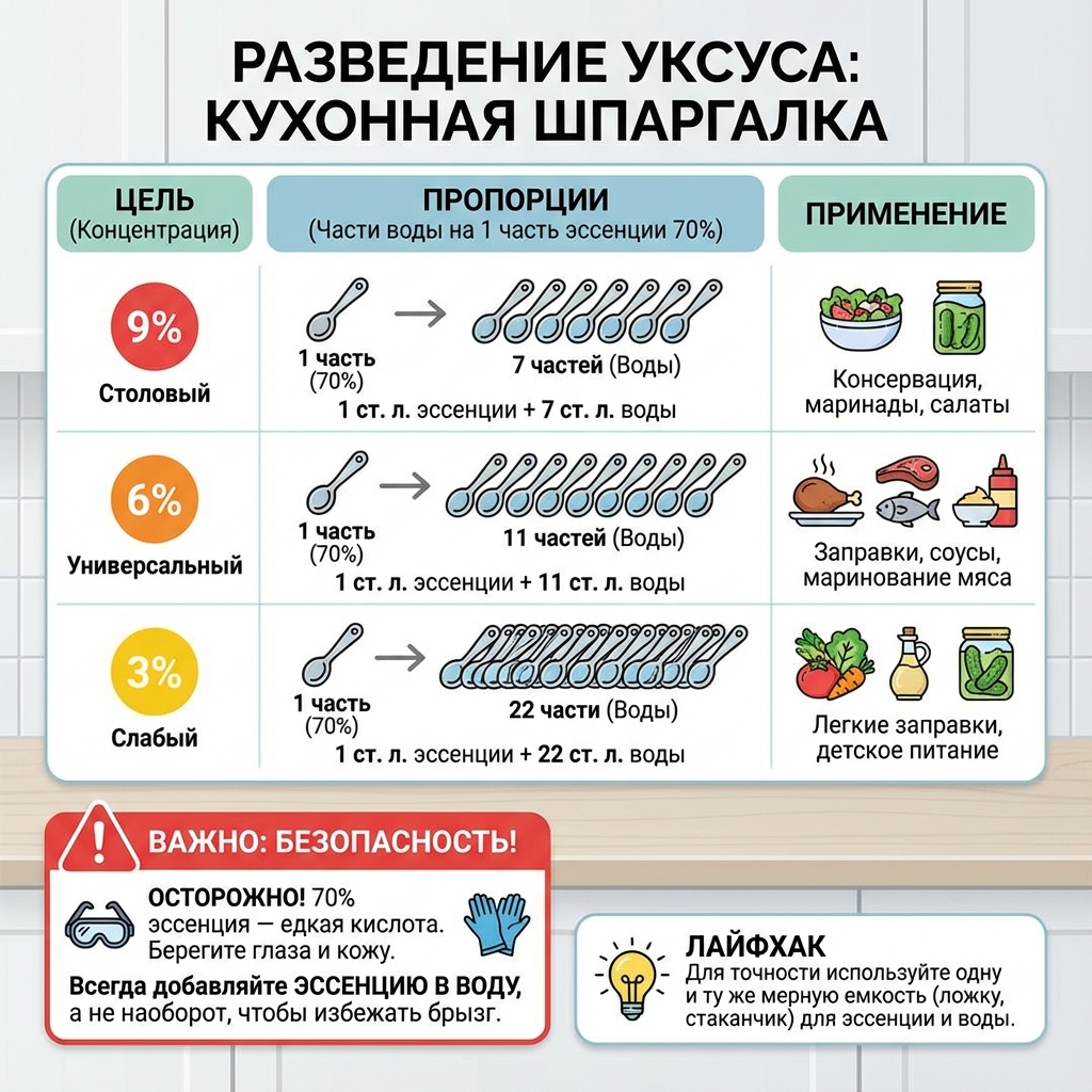 Разведение уксуса кухонная шпаргалка