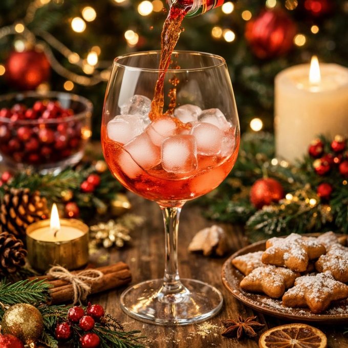 Влейте Aperol, затем клюквенный/гранатовый сок.