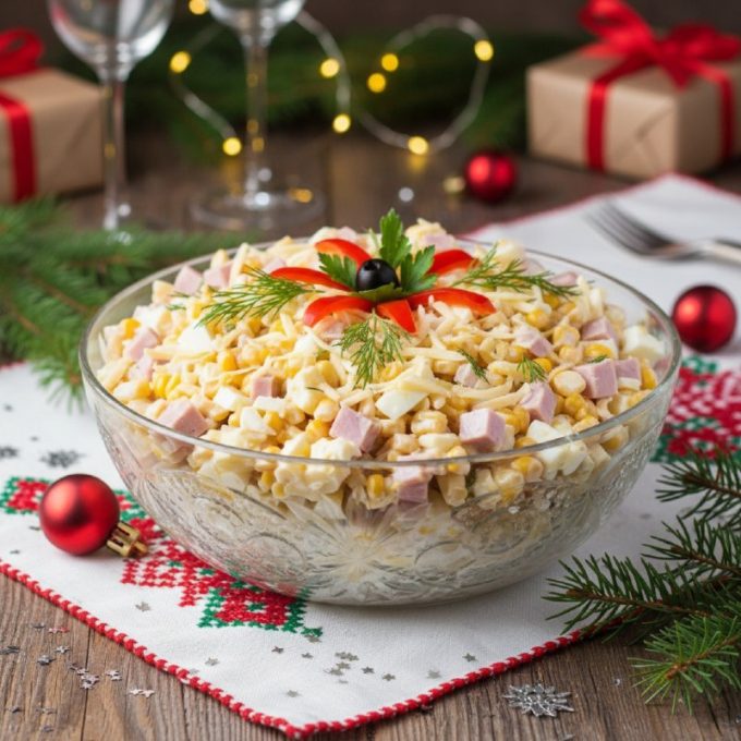 Новогодний салат с ветчиной и кукурузой