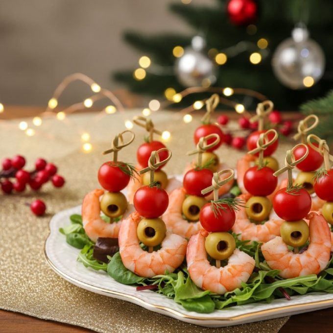 Канапе с креветкой и оливкой на шпажках
