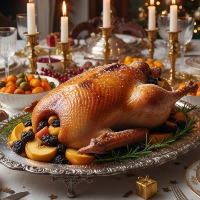 Гусь с яблоками и черносливом