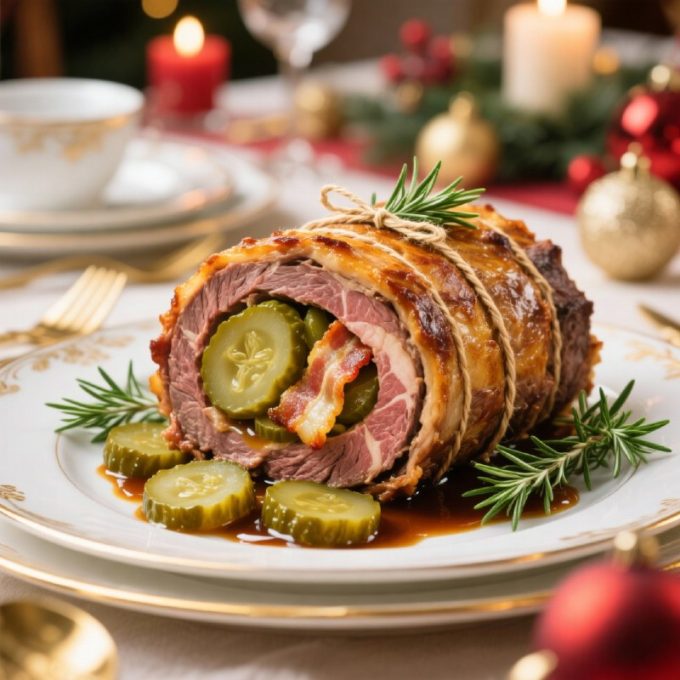 Рулет из говядины с огурцами и беконом