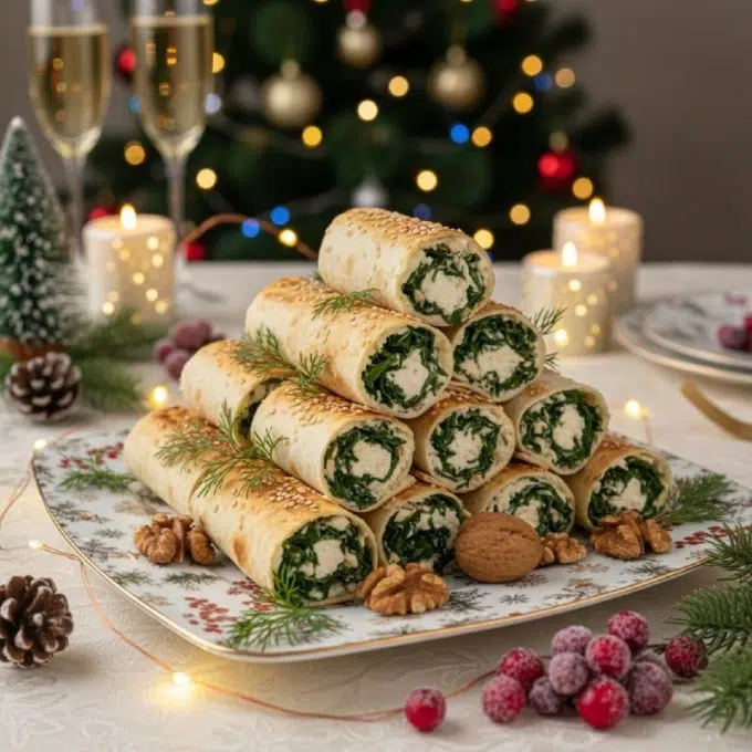 Вегетарианские рулетики из лаваша со шпинатом и брынзой