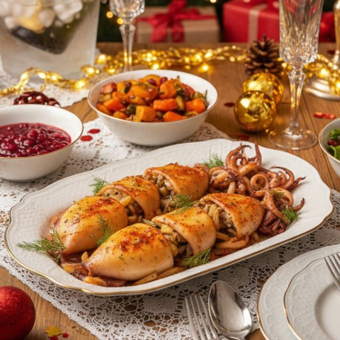 Кальмары, фаршированные грибами