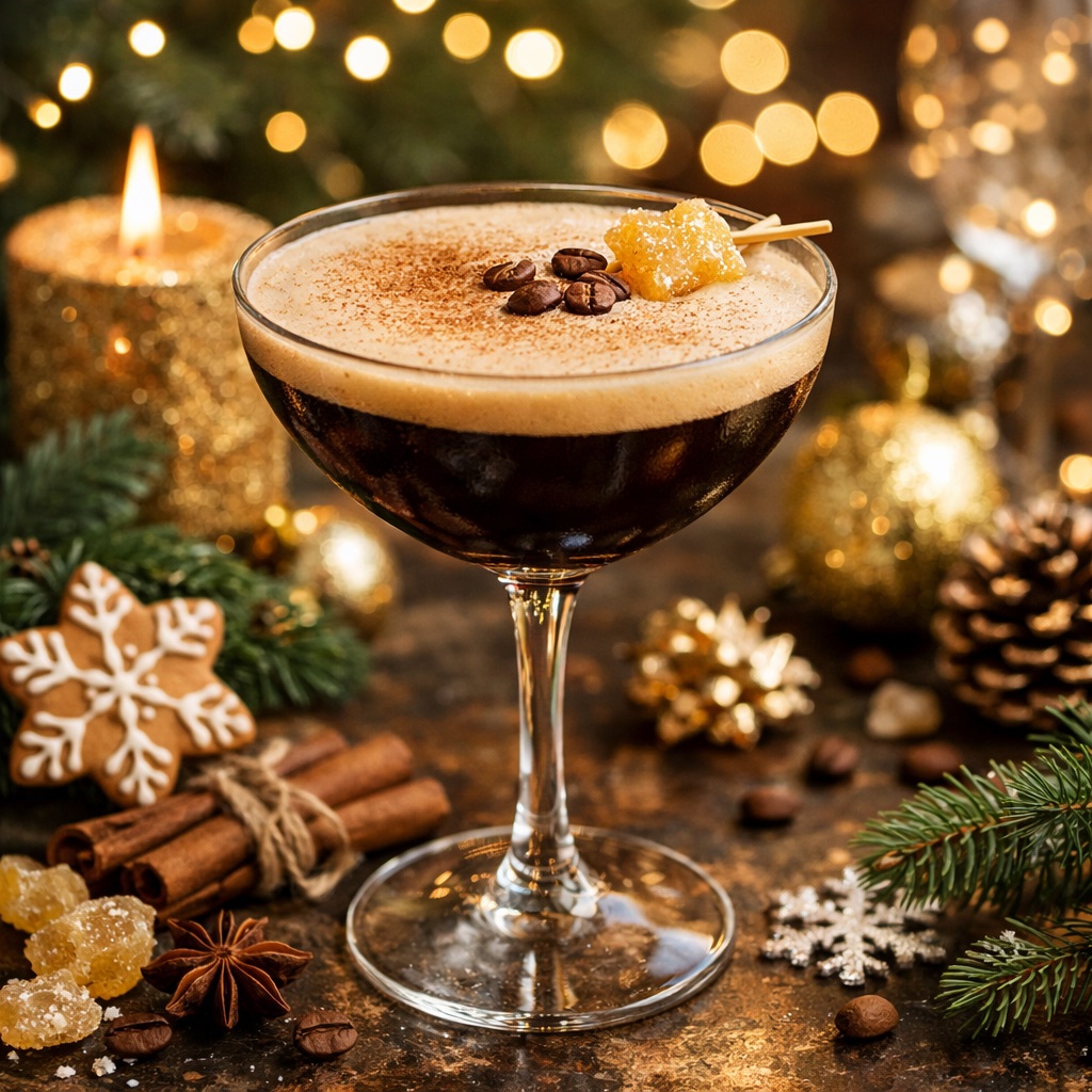 Имбирный эспрессо-мартини в бокале купе с кофейной пенкой