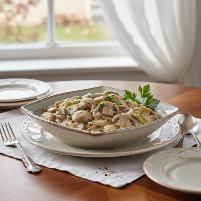 Шампиньоны с луком-пореем